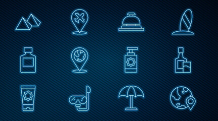 Set line Location on the globe, Whiskey bottle and glass, Hotel service bell, Egypt pyramids, Sunscreen spray and Plane icon. Vector