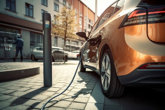 Modern electrocar is charging. Beautiful illustration picture. Generative AI