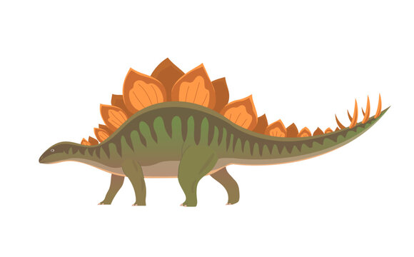 Large stegosaurus lizard. Tail with spikes. Herbivorous dinosaur of the Jurassic period. Prehistoric pangolin. Cartoon vector illustration isolated on white background