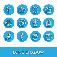 Set line Plant in hand, Carrot, Leaf or leaves, Human head with leaf inside, Apple, Organic cosmetic and Vegan food diet icon. Vector