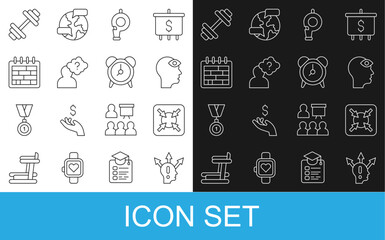 Set line Project team base, Target, Man with third eye, Whistle, Head question mark, Calendar, Dumbbell and Alarm clock icon. Vector