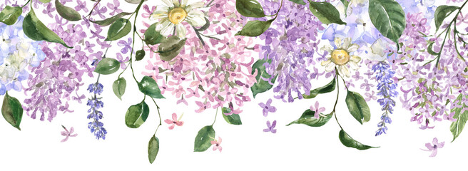 Spring floral frame, watercolor illustration. Botanical border made of lilac flowers and lush greenery. - 591129538