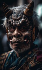 Old man. Portrait of Japanese style warrior in the fearsome mask. Beautiful illustration picture. Generative AI