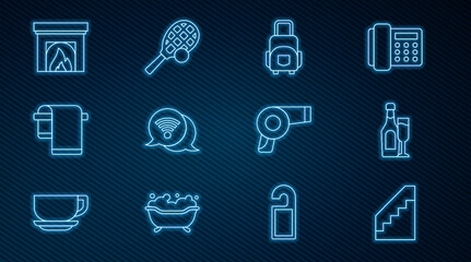 Set line Stairs, Champagne bottle with glass, Suitcase, Wi-Fi wireless internet, Towel on hanger, Interior fireplace, Hair dryer and Tennis racket ball icon. Vector