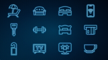 Set line Coffee cup, Credit card, Hotel room bed, Dumbbell, door lock key, Sunbed with umbrella, Bedroom and Sofa icon. Vector