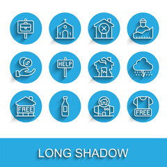 Set line Shelter for homeless, Bottle of water, Work search, Homeless cardboard house, Clothes donation, Ask help text, Cloud with rain and Ruined icon. Vector