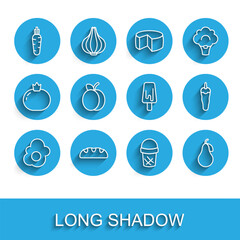 Set line Scrambled egg, Bread loaf, Carrot, Ice cream in waffle, Pear, Plum fruit, Hot chili pepper and icon. Vector