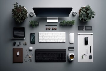 Computer with monitor. Top view of table with objects for work. Beautiful illustration picture. Generative AI