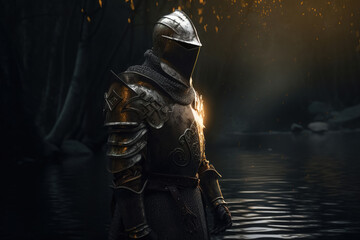 Medieval knight in a helmet and armor standing in the water in the forest. Fantasy illustration of Generative AI