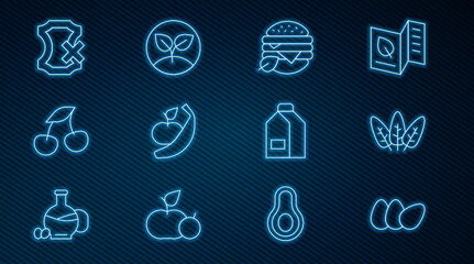 Set line Chicken egg, Leaf, Vegan food diet, Apple and banana, Fresh berries, No leather, Paper package for milk and Sprout icon. Vector