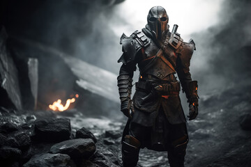 Fototapeta premium Warrior in helmet and leather armor outdoors, post apocalypse. Dark fantasy illustration Generative AI