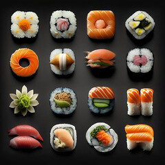 Sushi variety collection of delicious above view