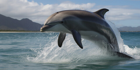 Dolphin jumping out of the sea against the backdrop of a mountainous island. Generative AI
