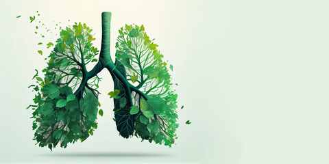 Conceptual image of green lungs, in the form of human lungs filled with tree leaves, image on an isolated  background with free space for any inscription or text..Generative AI