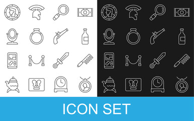 Set line Locket on necklace, Hairbrush, Bottle of wine, Magnifying glass, Gold ring, Round makeup mirror, Ancient coin and Vintage pistol icon. Vector
