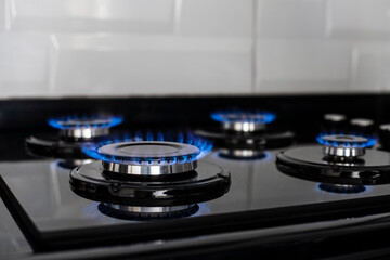 The gas burns in the burner of a kitchen stove. Industrial resources and economy concept.