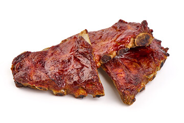 Delicious spicy marinated ribs in a bbq or tomato sauce, isolated on a white background.