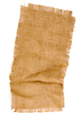 Old burlap fabric napkin, sackcloth piece isolated on white background.