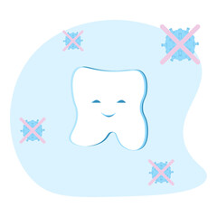 Happy tooth protected from the viruses. Stomatology, medicine, education, protection. 
