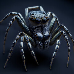Close up of a spider isolated on dark background. Jumping spider macro, created by Generative AI
