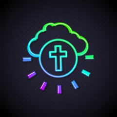 Glowing neon line Religious cross in the circle icon isolated on black background. Love of God, Catholic and Christian symbol. People pray for love and peace. Vector