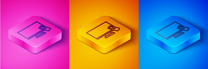 Isometric line Smart Tv icon isolated on pink and orange, blue background. Television sign. Square button. Vector