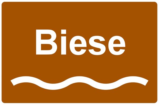 Illustration eines Flussnamenschildes des Flusses "Biese"	