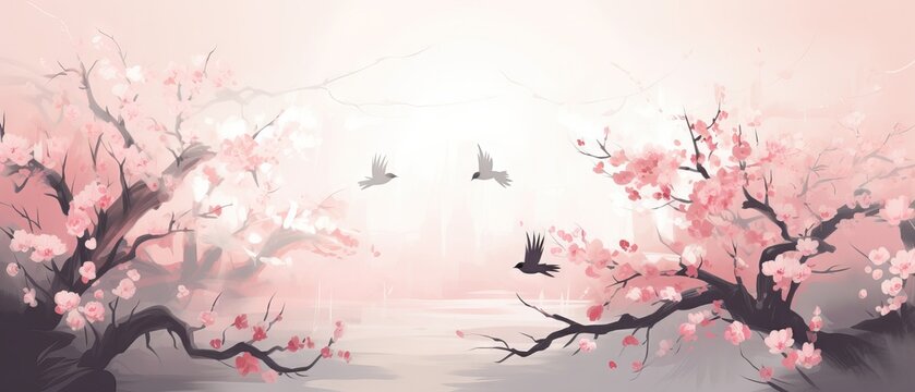 a bird on the branch of cherry blossom branch, sunset scene, wallpaper, In the chinese paintings style, Generative AI