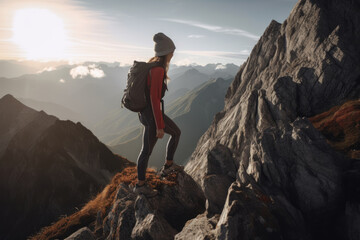 Woman climbing up a rocky mountain. Generative AI
