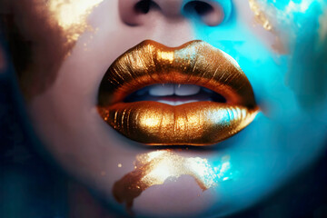 close-up of golden, glitter makeup on lips