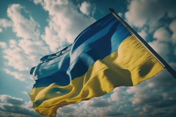 Fototapeta premium Ukraine flag blowing in the wind over blue sky. Generative AI