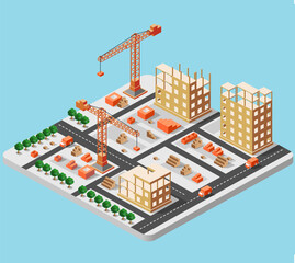 Isometric 3D illustration of the urban building with multiple houses