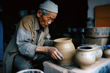 Man making a pot on a wheel in a pottery workshop. Generative AI