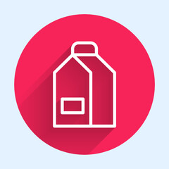 White line Paper package for milk icon isolated with long shadow background. Milk packet sign. Red circle button. Vector