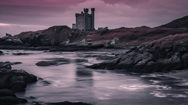 image of a castle with purple sky. Generative AI image.