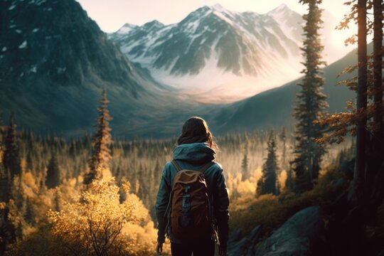 Traveler with backpack standing in a mountain valley looking at mountains in the sunrise. Generative AI