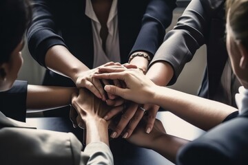 Close up top view of business people putting their hands together. Unity and teamwork concept. Generative AI