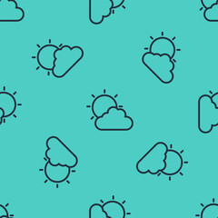 Black line Sun and cloud weather icon isolated seamless pattern on green background. Vector
