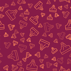 Brown line Volcano icon isolated seamless pattern on red background. Vector