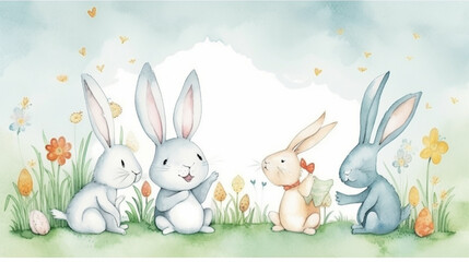 family of bunnies are getting together and talking, in the style of children's storybook characters. AI generated 