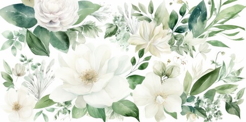 A collection of white flowers and leaves in watercolor and in the style of light white and dark green. Generative AI.
