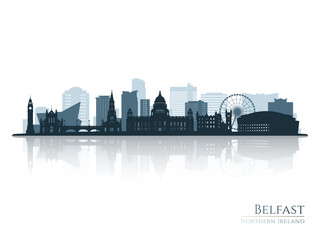 Belfast skyline silhouette with reflection. Landscape Belfast, Northern Ireland. Vector illustration.