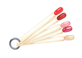 Watercolor illustration. A palette of nail polish color samples. Swatch of shellac, gel polish. Hand-drawn and isolated on white background object. For manicurists, beauty salons, cosmetic stores