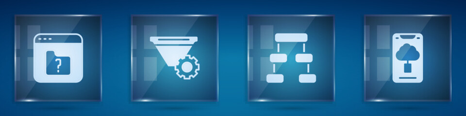 Set File missing, Filter setting, Hierarchy organogram chart and Cloud technology data transfer. Square glass panels. Vector