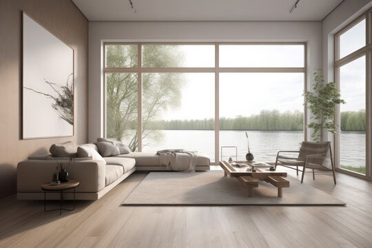 A modern white living room is shown with windows overlooking a lake, in the style of photo-realistic landscapes. Generative AI.