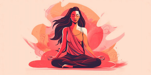 illustration of a woman meditating during yoga in lotus position, wellness culture - Generative AI