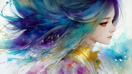 Illustration of a beautiful girl with blue hair in the wind 2 generative ai