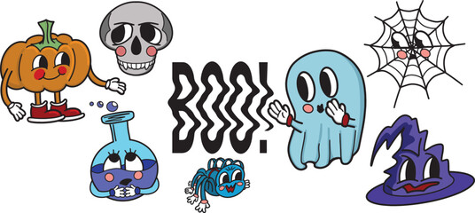 Vector Hand Drawn set of helloween illusrations isolated on the white background. Pumpkin, skull, bottle, spider, ghost, hat and sign "boo!" in retro style