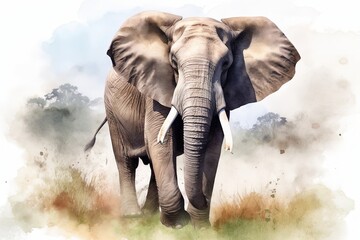 Fototapeta na wymiar African elephant in the savannah, digital watercolor painting, illustration. Generative AI