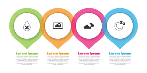 Set Water drop percentage, Weather forecast, Sun and cloud weather and Time to sleep. Business infographic template. Vector